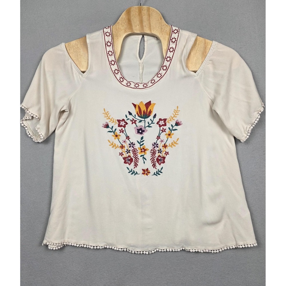 ODDI Shirt Womens XL Ivory Embroidered Boho Cold Shoulder Pom Pom Trim Rayon